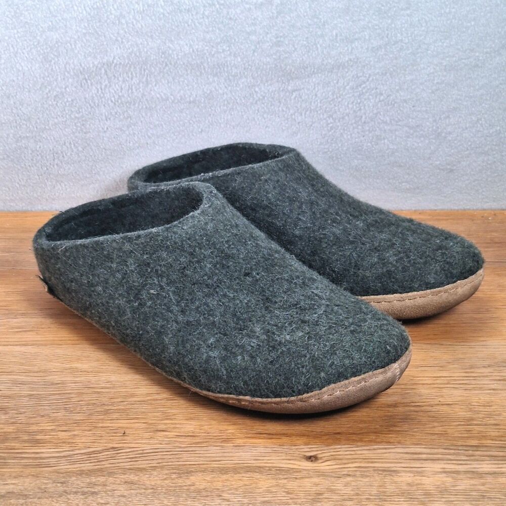 Glerups Men's EU 45 US 11.5-12 Slip-On Wool Slippers Forest Green Leather Sole